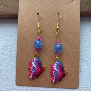 Hand Crafted Pink and Blue Multicolor Beaded Butterfly Dangle Earrings